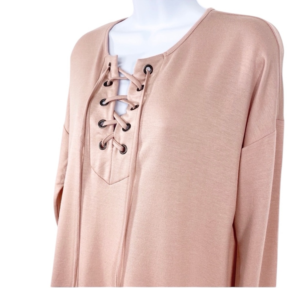12 PM BY MON AMI lace up long sleeve top  L pink - Picture 6 of 9